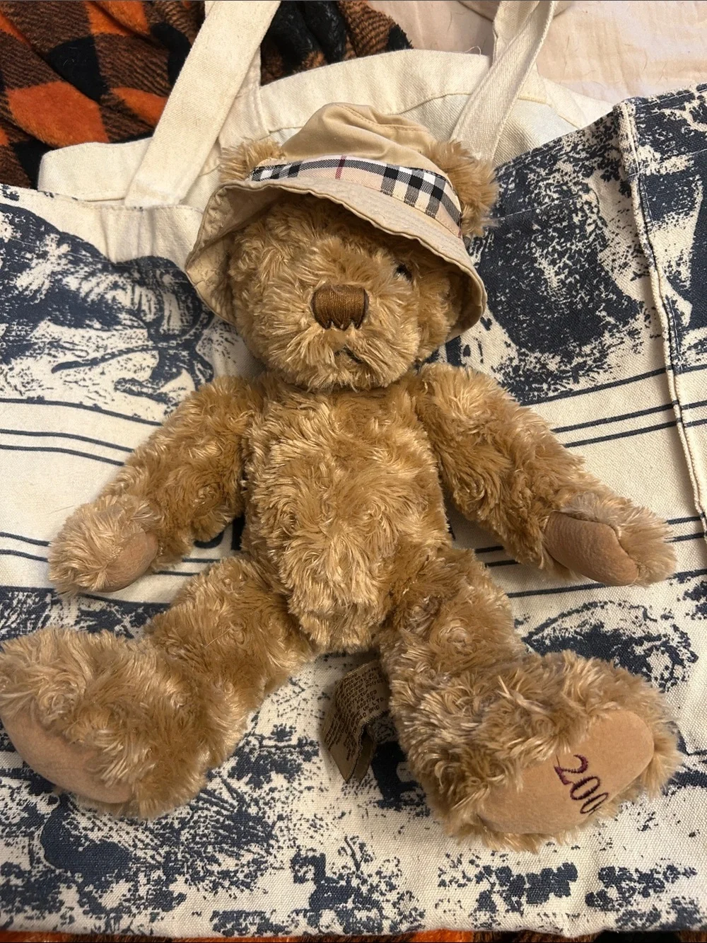 Vintage 2006 Burberry Brown Teddy Bear with Check Bucket Hat - Kids Accessory